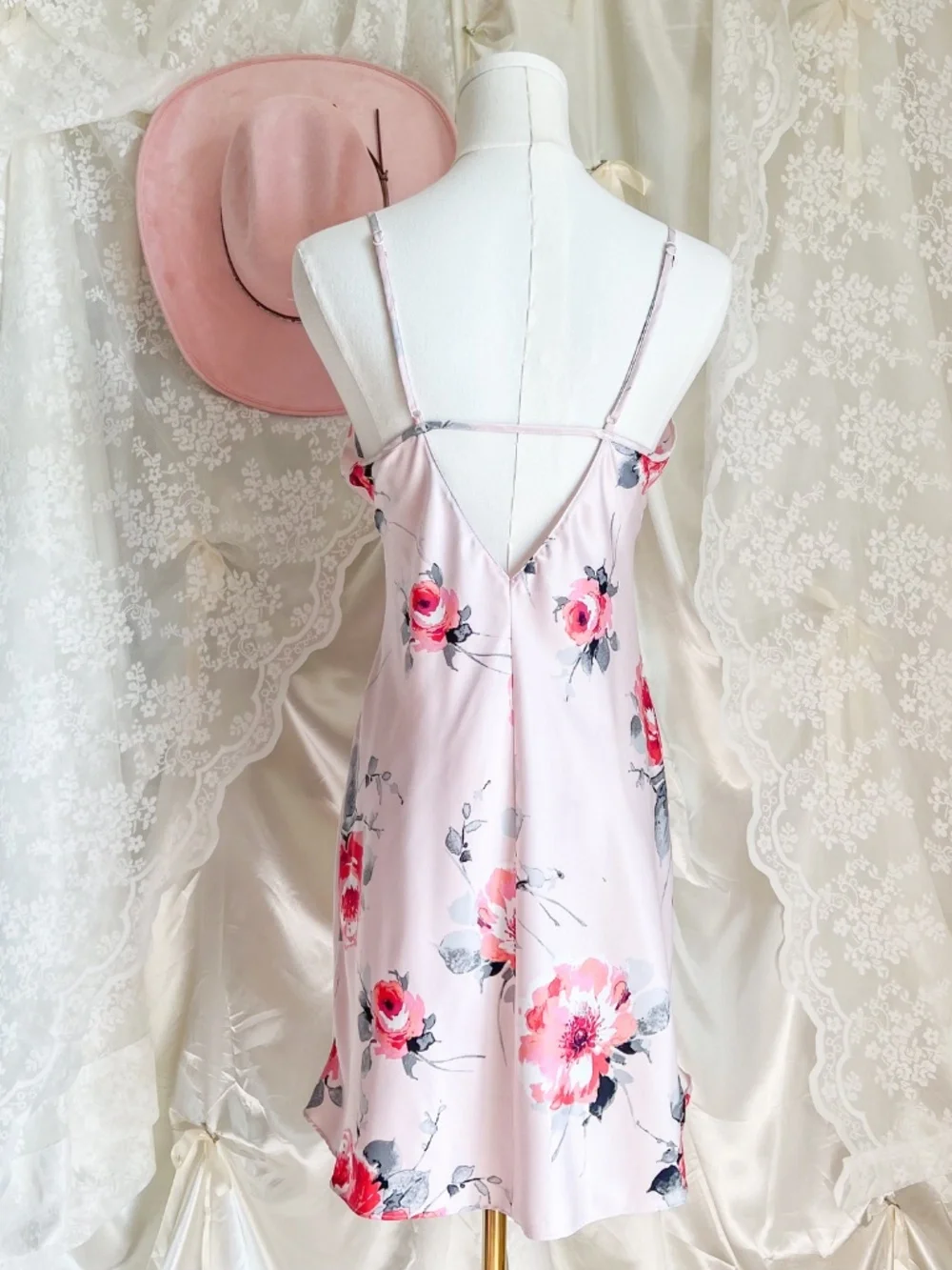 Pink Floral Satin Slip Dress Lace Trim Coquette Romantic Mini - Picture 2 of 3
